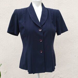 vintage style navy short sleeve jacket top with flattering pleats